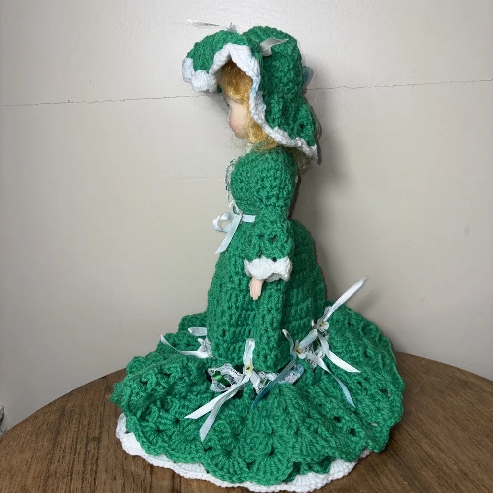 Vintage Crochet Doll Handmade Green Dress